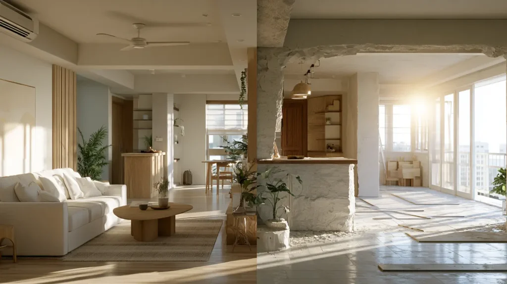Side-by-side comparison of light refresh versus full gut renovation in a Malaysian condo