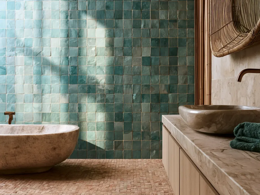 Handmade-look ocean teal wall tiles with natural glaze variation in a coastal boho bathroom