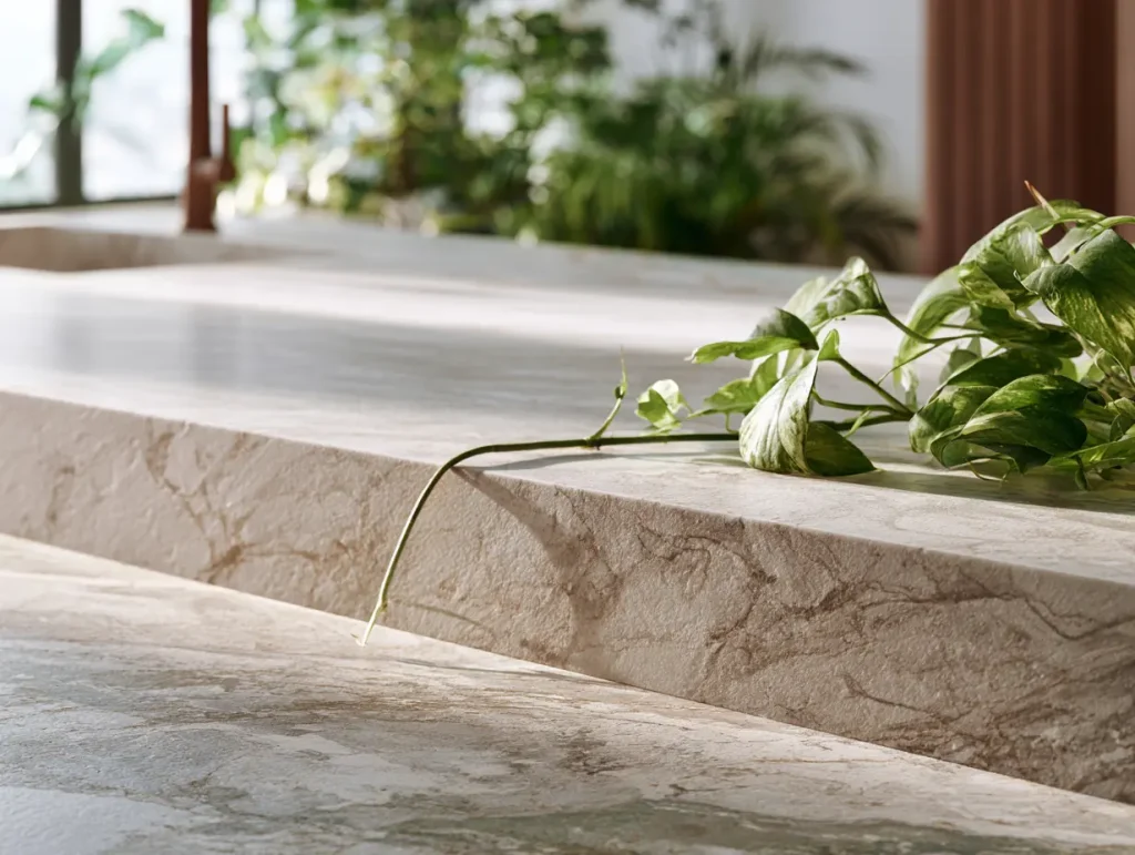 Sintered stone kitchen countertop by Sinno Stone with natural veining in a biophilic Malaysian kitchen