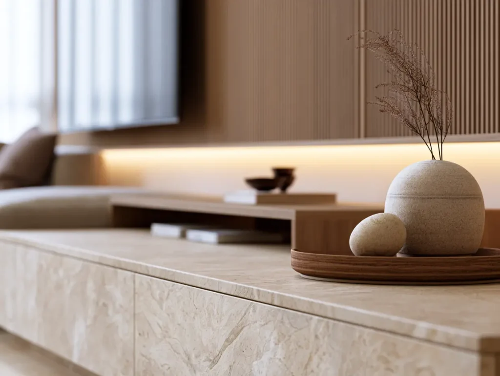 Sinno stone TV console surface in a Japandi living room with low-profile media unit