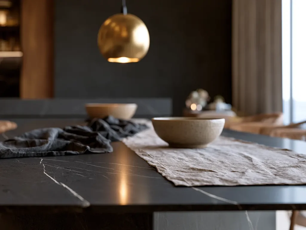 Matte dark sintered stone dining table top under warm brass pendant in a moody Malaysian dining room