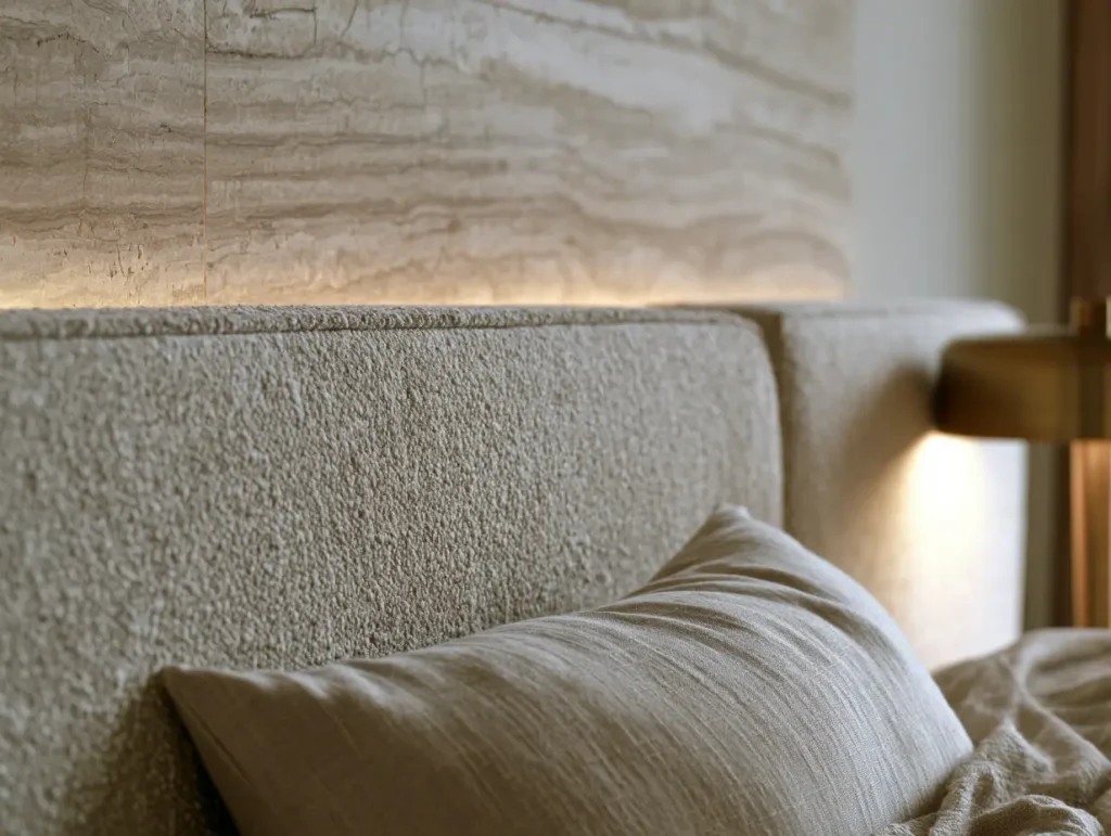 Honed stone feature wall framing a bouclé upholstered headboard in a neutral Malaysian master bedroom