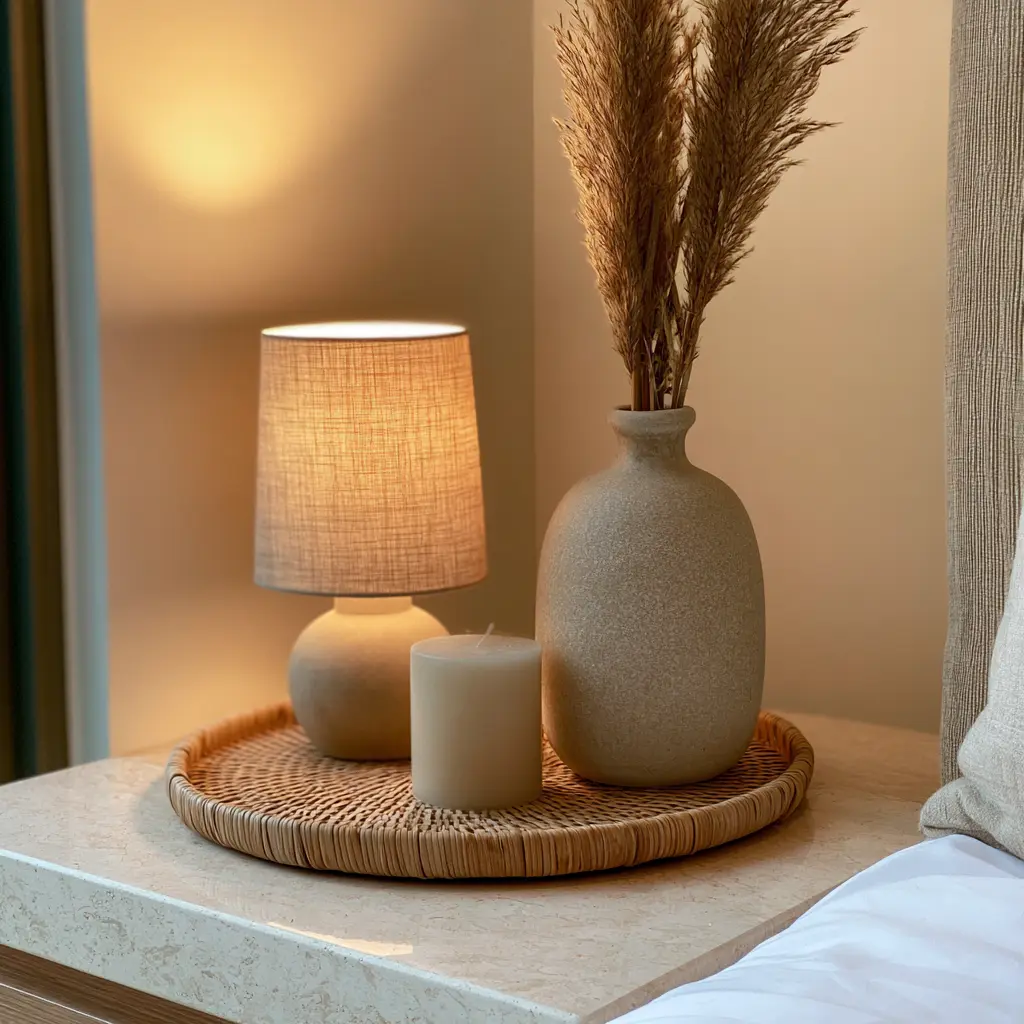 Wabi-sabi bedside setup with handmade ceramics, dried pampas grass, and warm lamp on a rattan tray