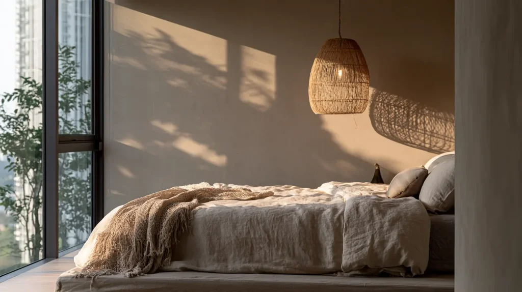 Muted greige and warm beige wabi-sabi bedroom in a Malaysian condo with linen textiles and rattan accents