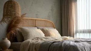 Wabi-sabi bedroom in a Malaysian condo with concrete feature wall, rattan headboard, and linen bedding
