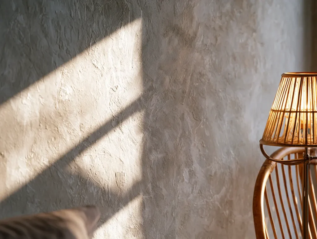 Raw concrete plaster feature wall detail in a Malaysian condo bedroom with warm ambient bedside light