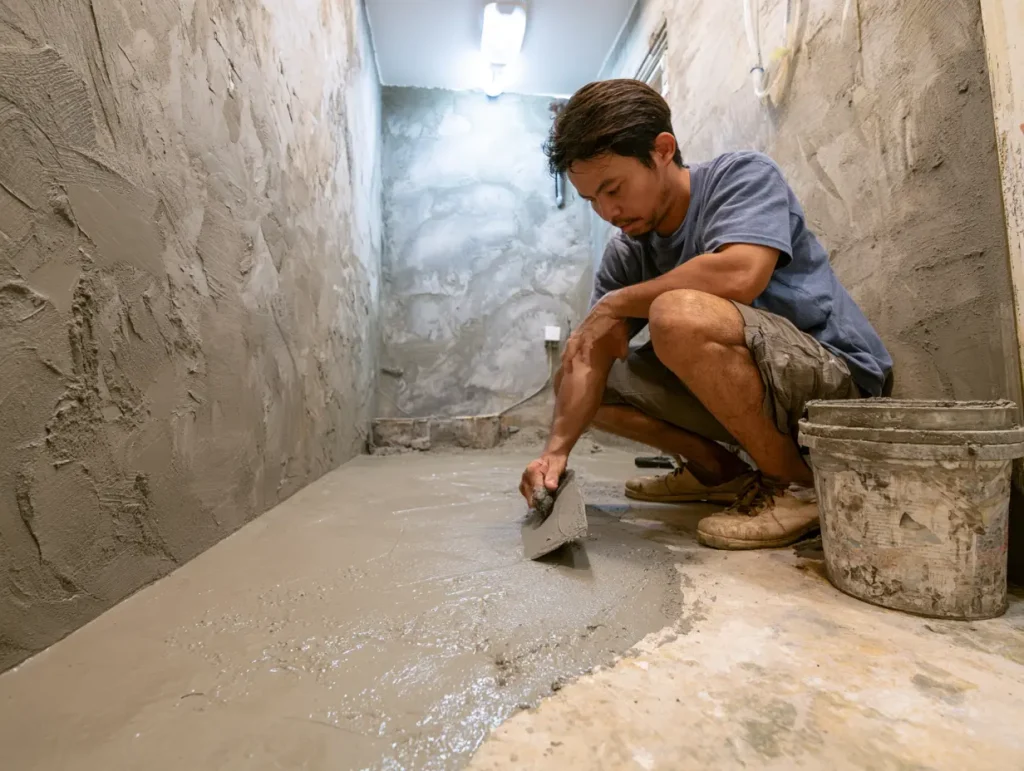 Worker applying waterproofing membrane to a bathroom floor during Malaysian home renovation