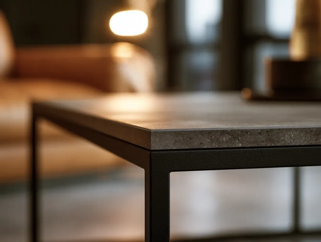 Black steel-framed sintered stone coffee table in a Malaysian industrial living room