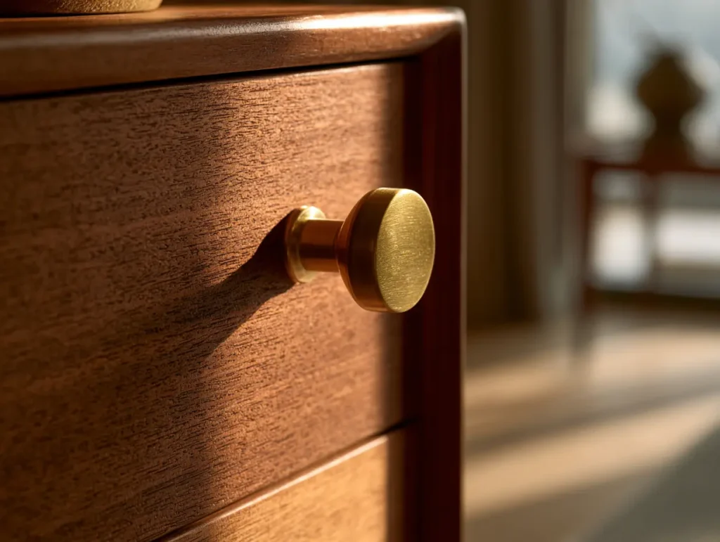 Close-up of lacquered brass hardware on teak furniture in a Malaysian mid-century modern living room