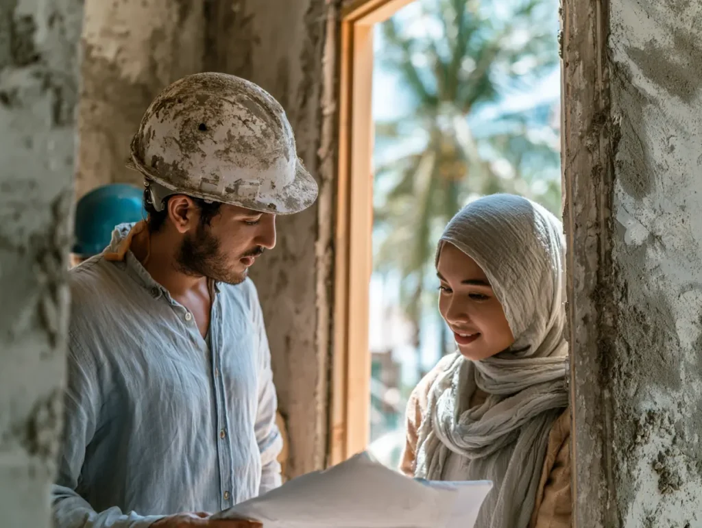 Malaysian contractor and homeowner in discussion at a renovation site, reviewing documents together