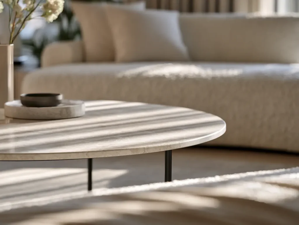 Engineered stone coffee table with matte metal base in a Malaysian modern contemporary living room