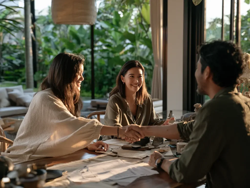 Malaysian homeowners reviewing and signing an interior design contract with a designer at a meeting table