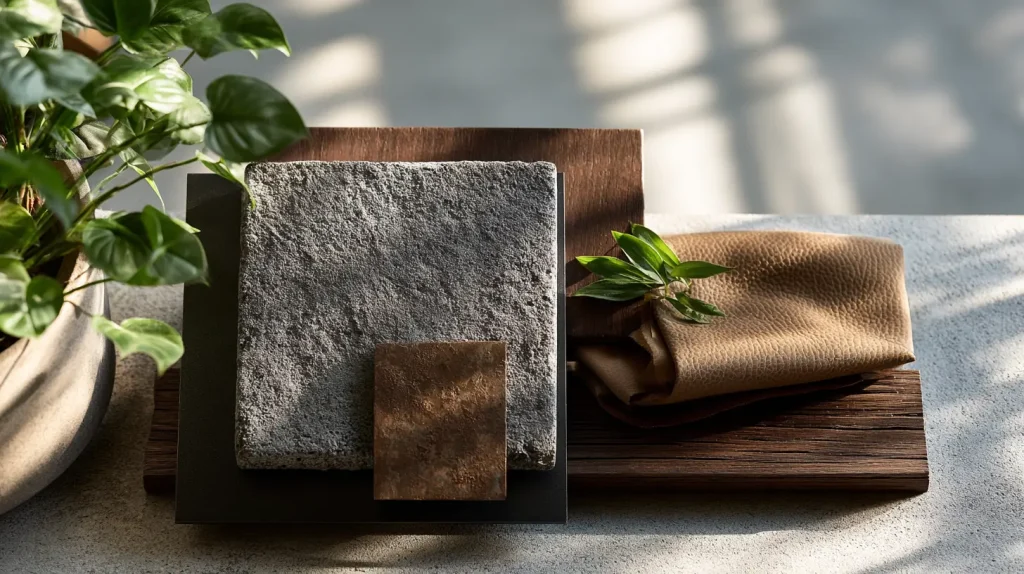 Industrial style mood board with concrete, black steel, and leather swatches for Malaysian homes