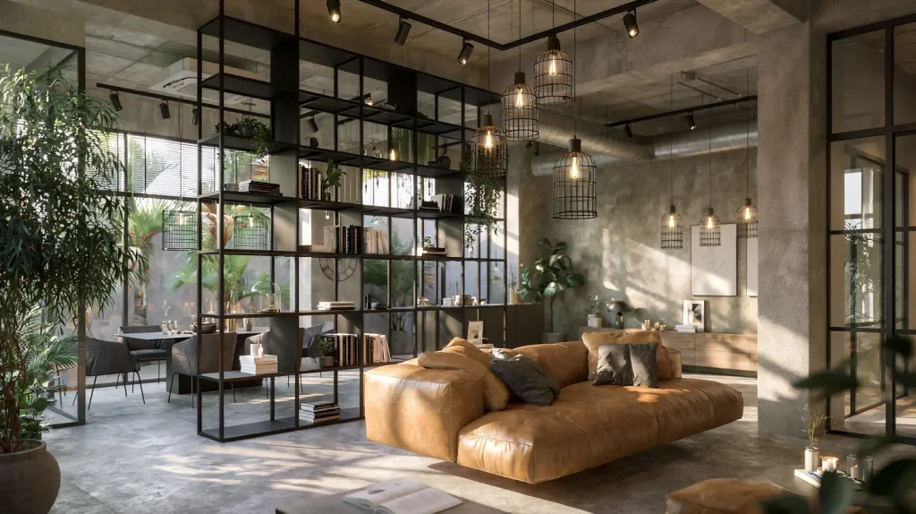 Open-plan industrial living room layout in a Malaysian condo with black metal shelving divider