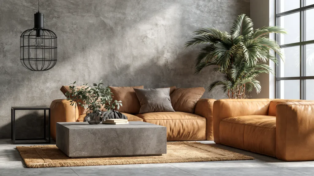 Industrial living room in a Malaysian condo with concrete feature wall and black steel furniture