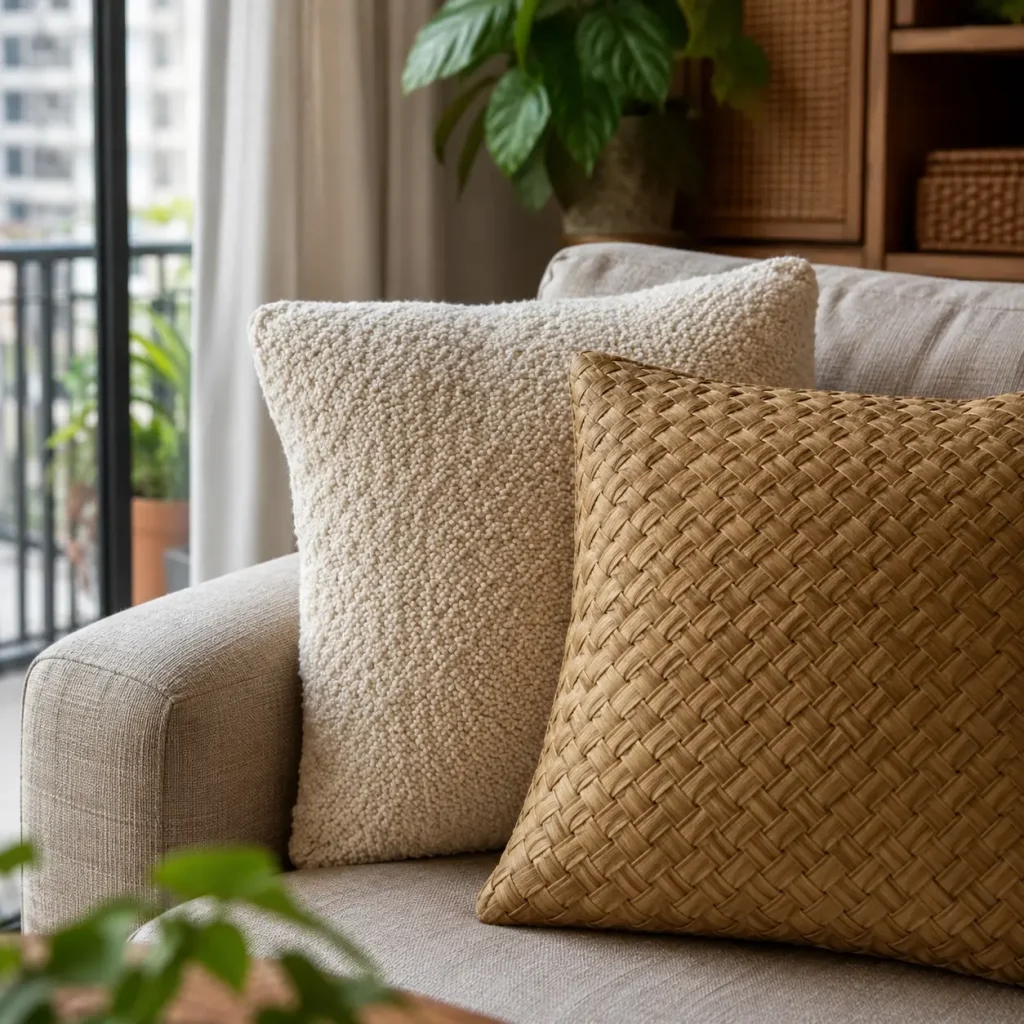 Linen sofa layered with bouclé cushions and woven rattan cushion in a small condo