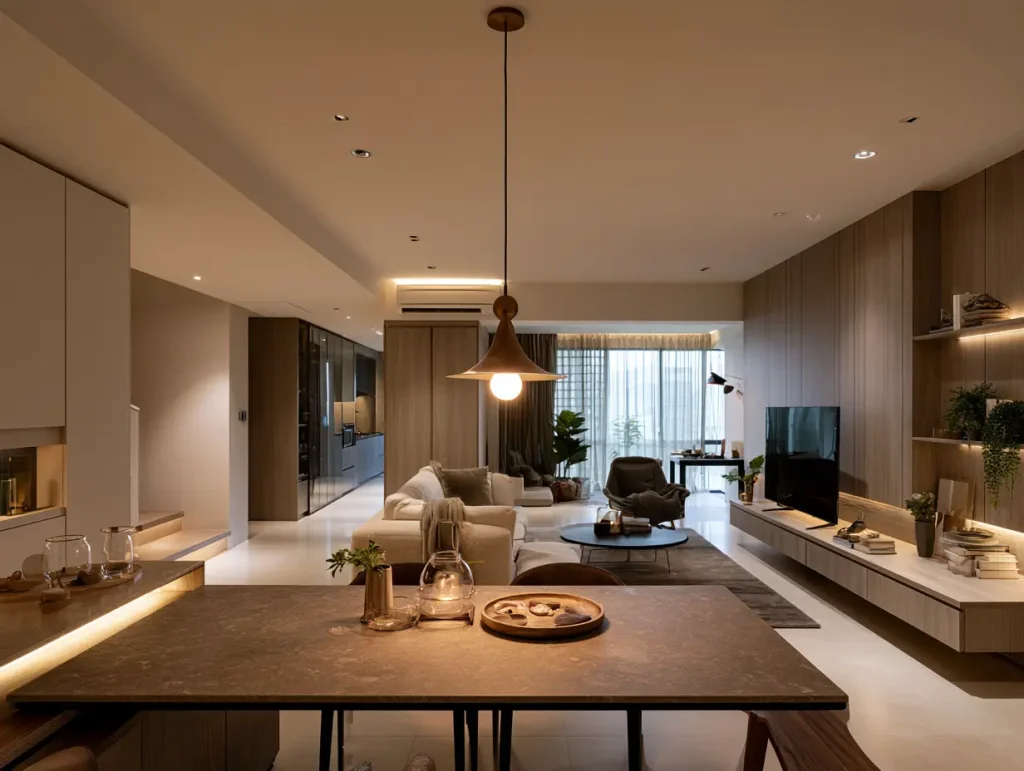 Statement pendant light over a dining table in a Malaysian modern contemporary living-dining space