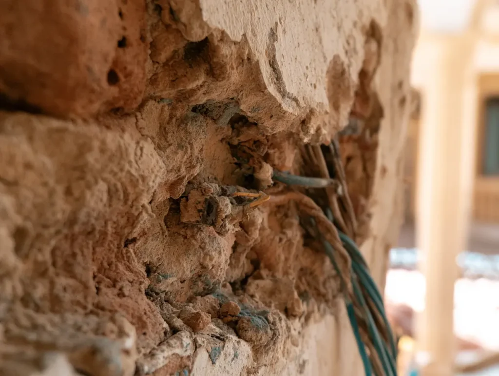 Exposed old wiring and hacking work during a Malaysian condo renovation, showing hidden cost risk