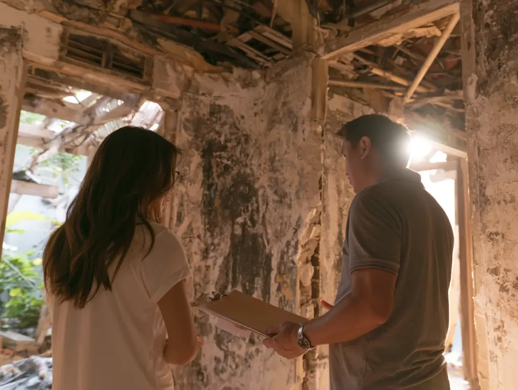 Malaysian contractor reviewing a written renovation quotation with a homeowner on site