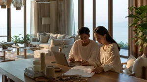 Malaysian couple reviewing a renovation budget spreadsheet together at their dining table