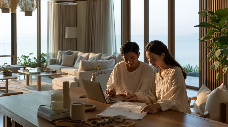 Malaysian couple reviewing a renovation budget spreadsheet together at their dining table