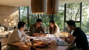 Malaysian couple meeting an interior designer in a modern consultation room, reviewing design samples together