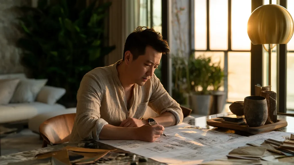 Malaysian homeowner reviewing renovation plans at a table, surrounded by material samples and documents