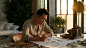 Malaysian homeowner reviewing renovation plans at a table, surrounded by material samples and documents