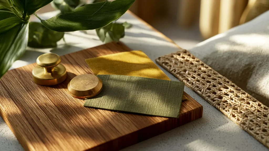 Mid-century modern style mood board with teak, brass, and mustard fabric swatches for Malaysian homes