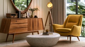 Mid-century modern living room in a Malaysian condo with teak credenza and mustard accent chair