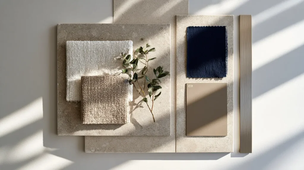 Modern contemporary style mood board with engineered stone, boucle fabric, and navy accent swatches for Malaysian homes