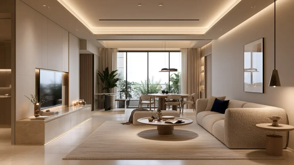 Modern contemporary living-dining room in a Malaysian condo with engineered stone console and warm neutral palette