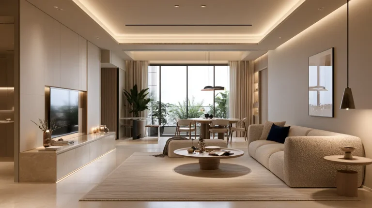 Modern contemporary living-dining room in a Malaysian condo with engineered stone console and warm neutral palette