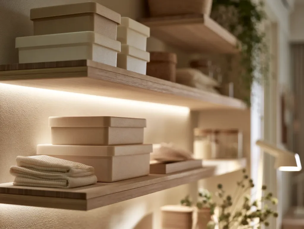 Wall-mounted shelving and stackable storage boxes in a small Malaysian condo entryway