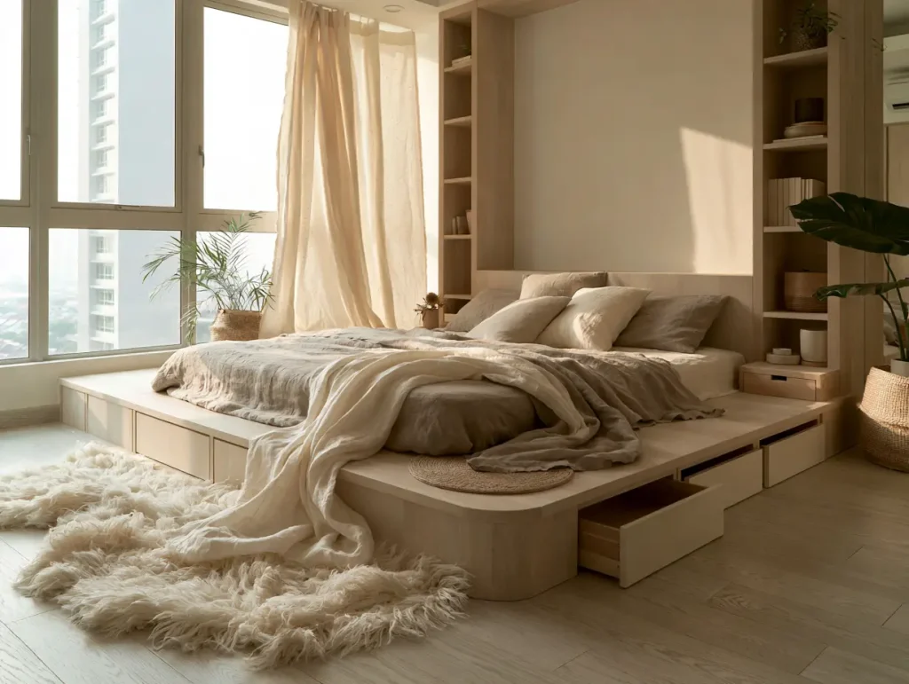 Muji-style minimalist bedroom in a Malaysian condo with under-bed storage and natural linen bedding