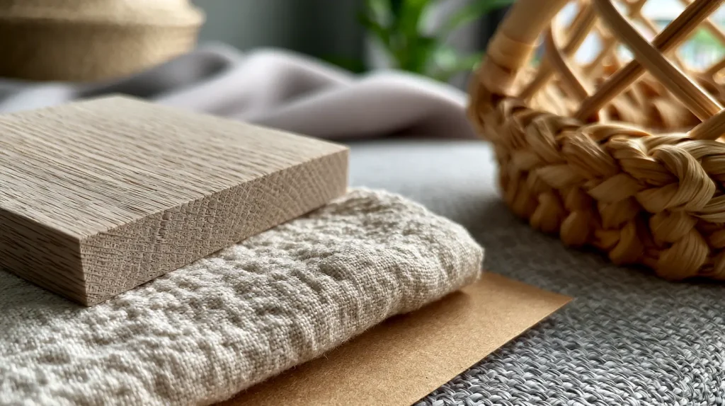 Muji-style design mood board with natural timber, cotton, and neutral tones for Malaysian homes