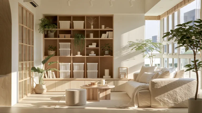 Muji-style minimalist living room in a Malaysian condo with wall-mounted shelving and neutral tones