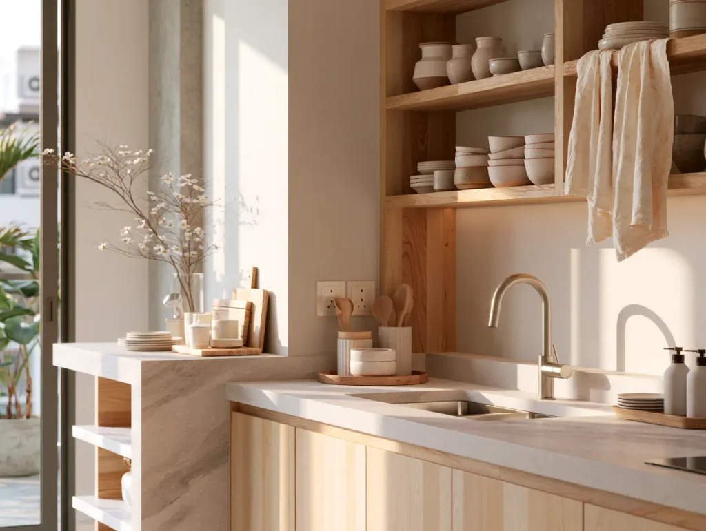 Minimalist Malaysian kitchen with sintered stone countertop and open timber shelving in Muji style