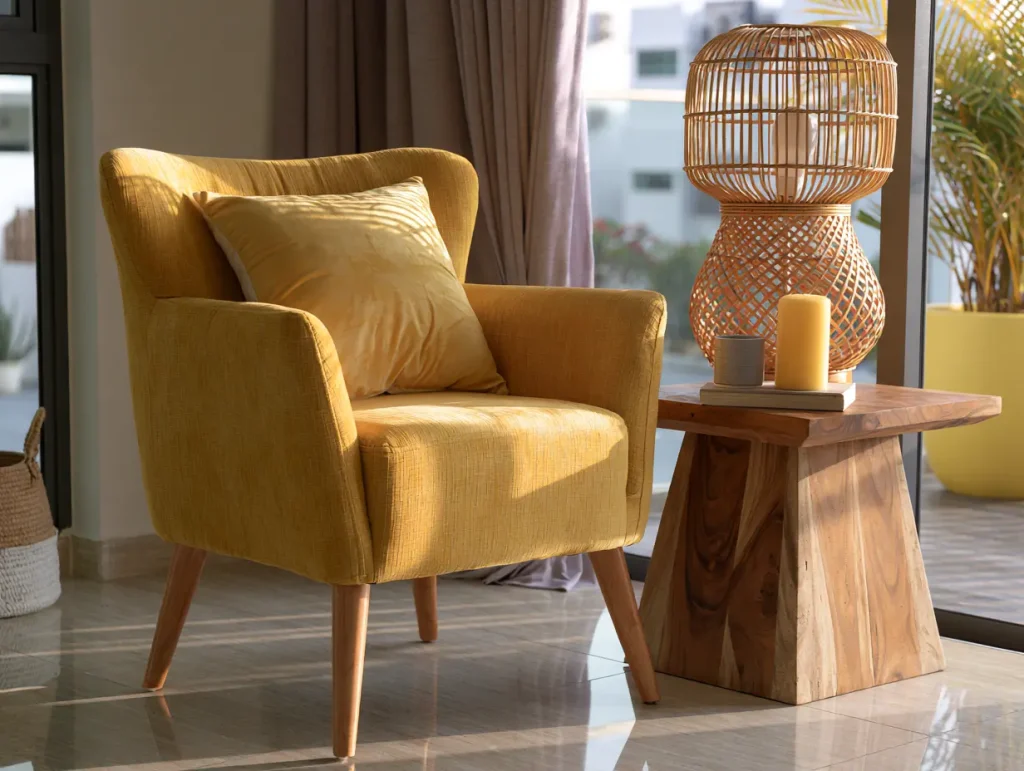 Mustard yellow tapered-leg armchair beside a teak side table in a Malaysian mid-century living room
