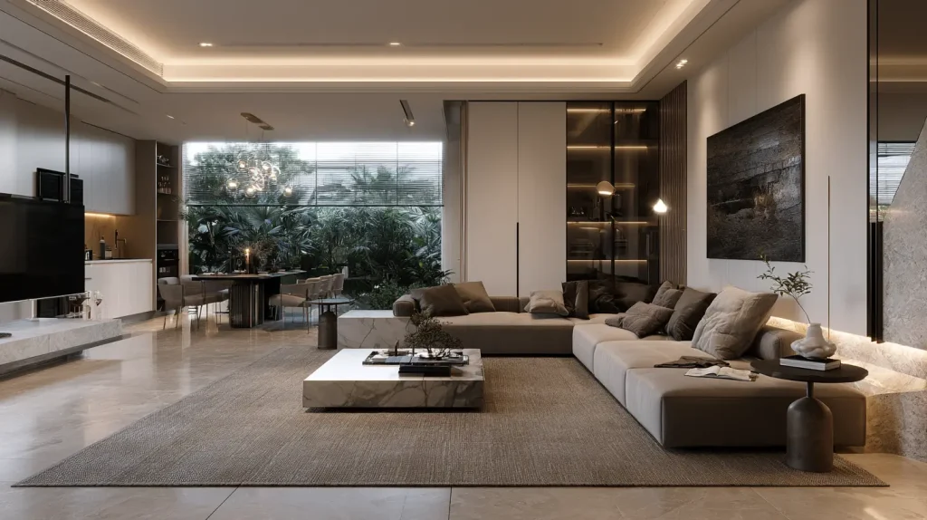 Area rug and stone console dividing an open-plan living-dining zone in a Malaysian modern contemporary condo
