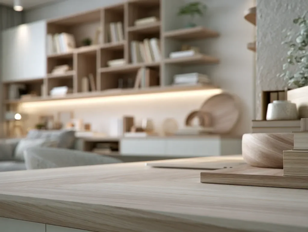 Close-up of a pale wood desk and open shelving in a Scandinavian home office in Malaysia