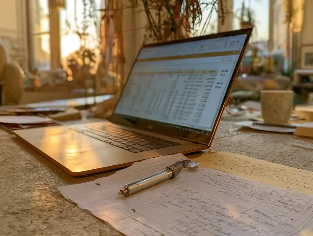 Close-up of a renovation budget spreadsheet on a laptop with RM figures and a notepad beside it