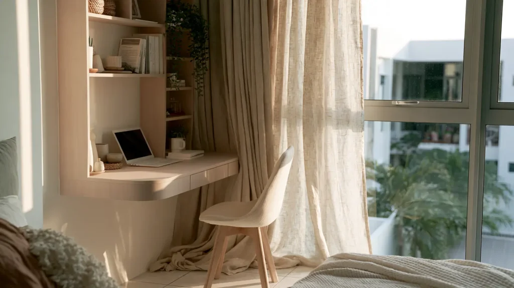 Small Scandinavian corner office nook built into a Malaysian condo bedroom
