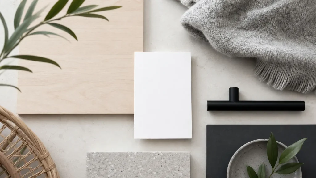 Scandinavian style mood board with pale wood, white tones, and wool textiles for Malaysian homes