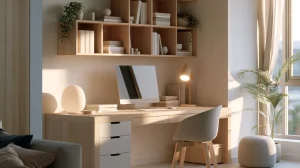 Scandinavian home office nook in a Malaysian condo with pale wood desk and white walls
