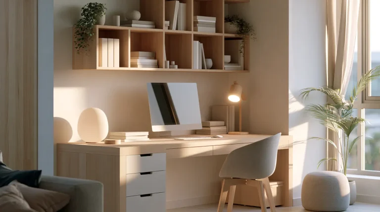 Scandinavian home office nook in a Malaysian condo with pale wood desk and white walls