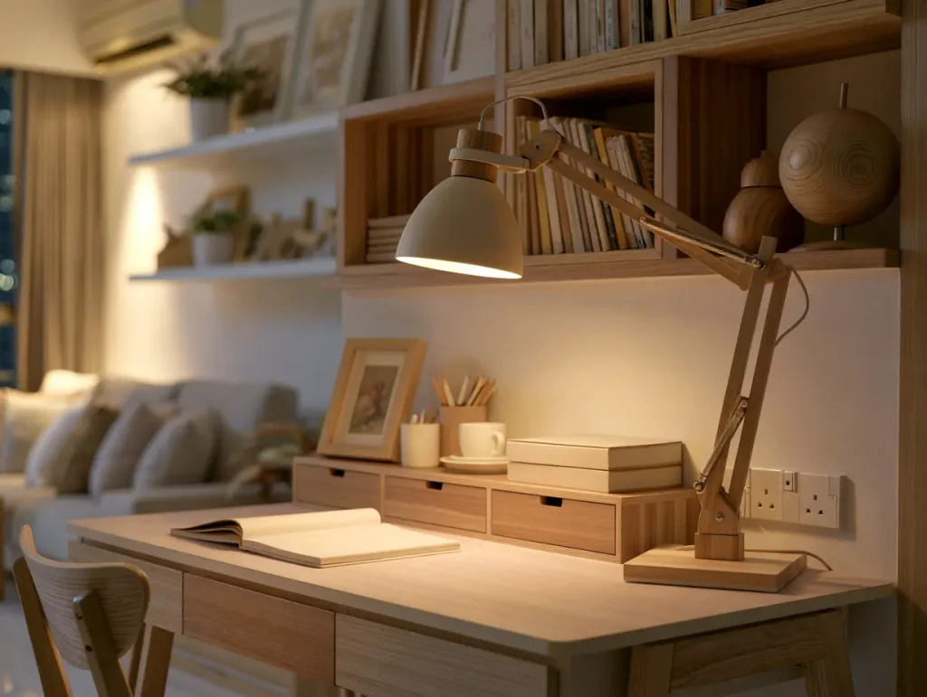 Warm desk lamp lighting a Scandinavian home office setup in a Malaysian condo in the evening