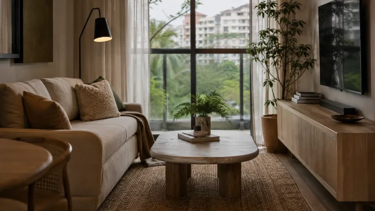 Small Malaysian condo living room layering stone, wood, linen, and matte black accents