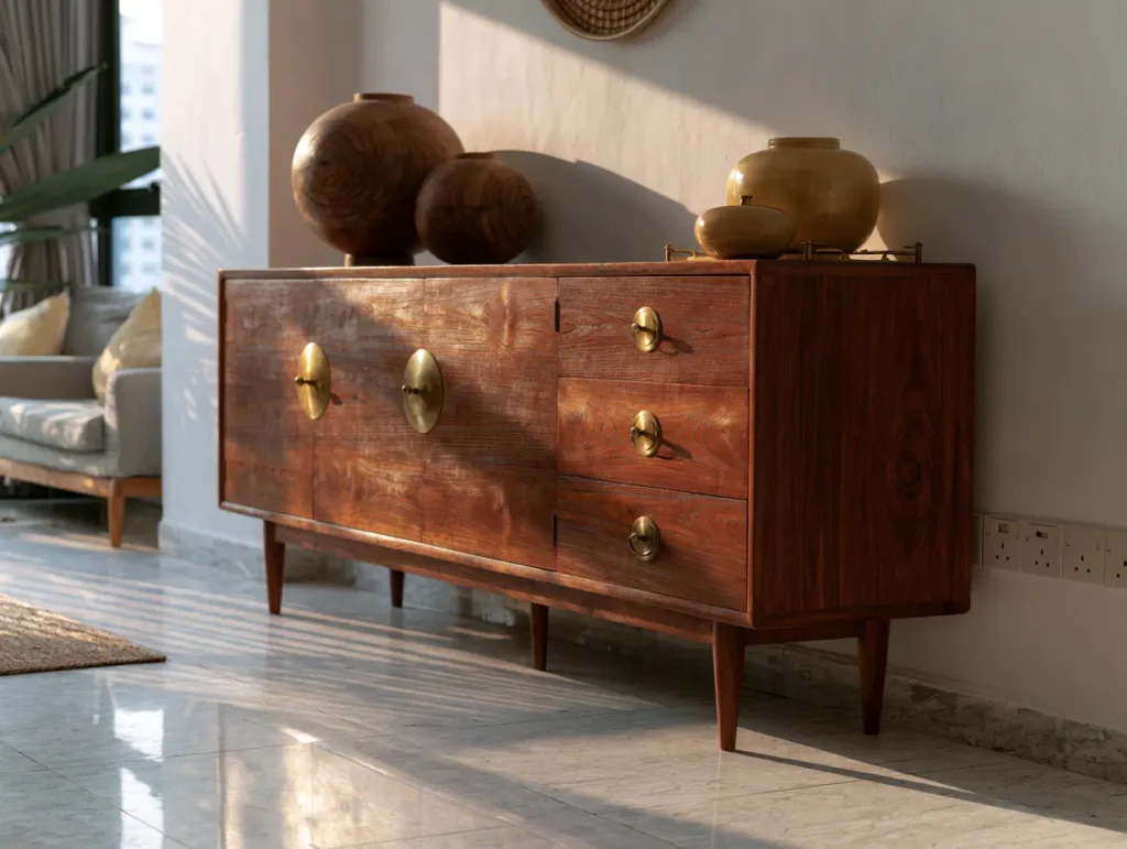 Teak credenza on tapered wooden legs used as a TV console in a Malaysian mid-century living room