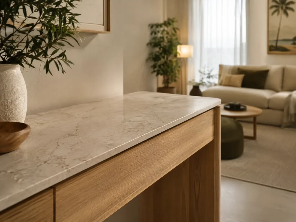 Wood console table paired with sintered stone top in a Malaysian condo living room